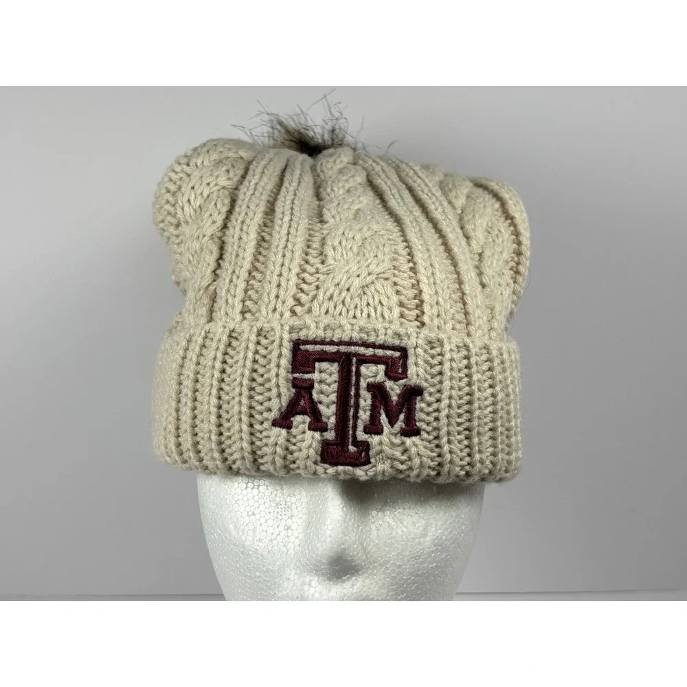 Captivating Texas A&M Aggies Beanie Cream Cable Knit Faux Fur Pom Pom Hat